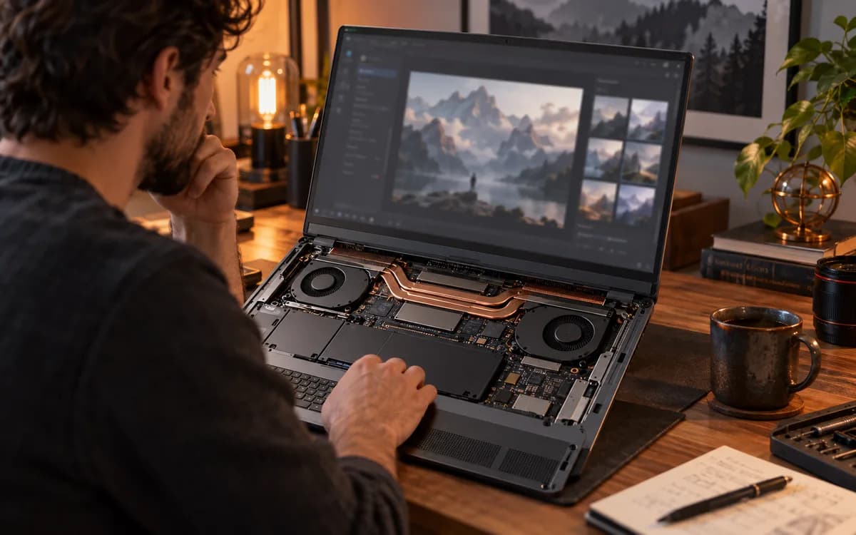 Generated editorial photograph: Technician inspecting cooling hardware inside a portable AI workstation.